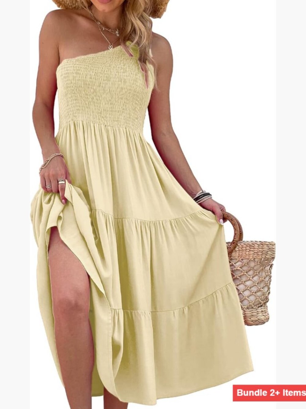 One Shoulder Maxi Dress Sleeveless Smocked Bodice High Waist A-Line